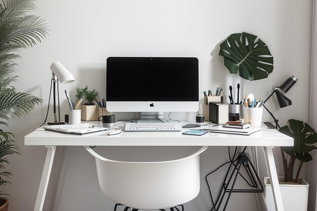 Photo un lieu de travail moderne avec un ordinateur et des fournitures de bureau sur une table blanche