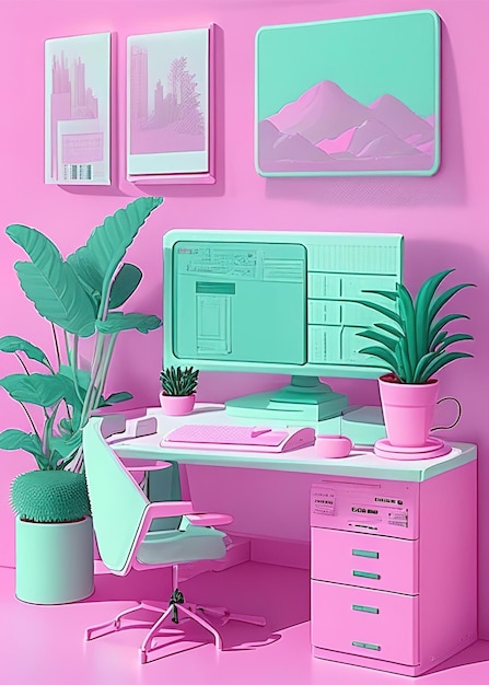 Lieu de travail avec un ordinateur au bureau couleurs pastel bleu et rose illustration Aigenerated