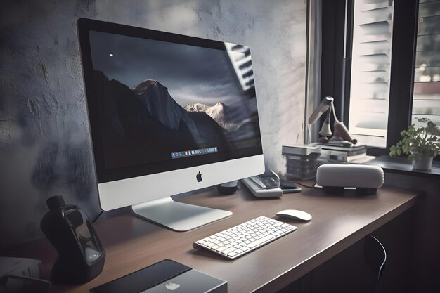 Photo lieu de travail avec ordinateur dans un bureau moderne avec vue sur la montagne à l'écran