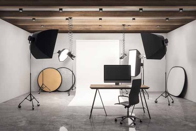 Photo lieu de travail en studio photo en béton avec équipement professionnel rendu 3d