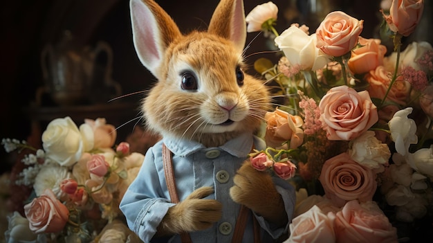 Lièvre drôle mignon à côté de bouquets de roses délicates une carte postale avec un lapin