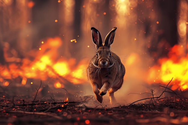 Lièvre échappant à un incendie dans les bois Concept de danger d'incendie forestier