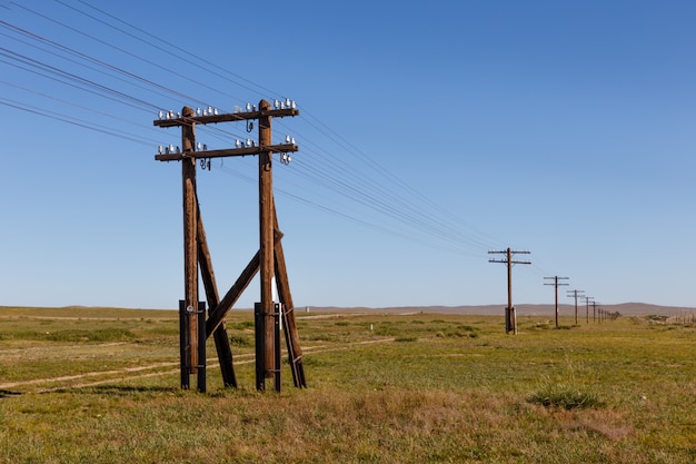 Ligne aérienne sur des supports en bois dans la steppe mongole