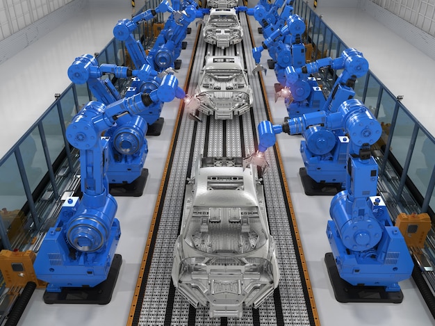 Photo ligne d'assemblage de robot de rendu 3d dans l'usine automobile