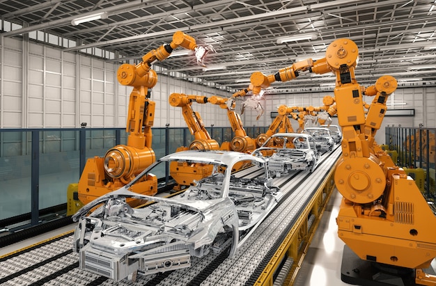 Ligne d'assemblage de robot de rendu 3D dans l'usine automobile