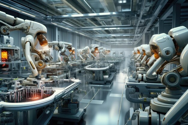 Photo ligne d'assemblage de robots dans une usine futuriste futuriste efficient intelligent révolution de l'automatisation de la production de robots remplaçant l'homme