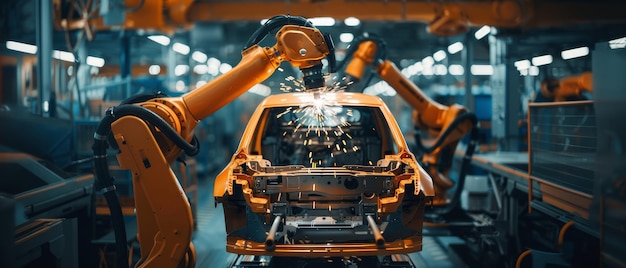Une ligne d'assemblage avec des robots industriels installant des panneaux sur un châssis de voiture démontrant la précision et l'automatisation dans la fabrication moderne