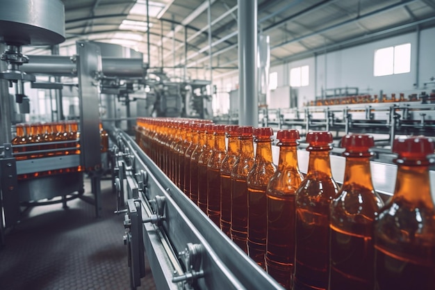 Une ligne de bouteilles de bière sur un tapis roulant