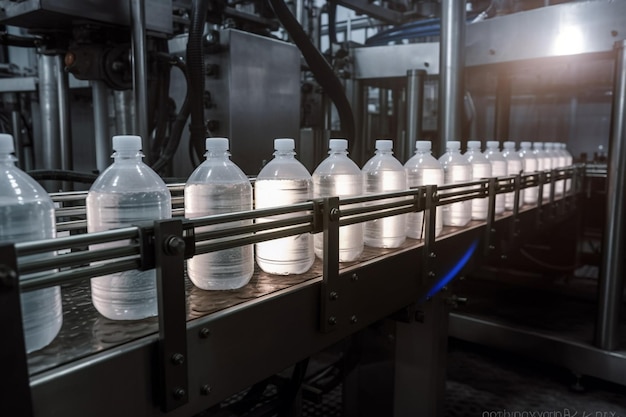 Une ligne de bouteilles d'eau sur un tapis roulant