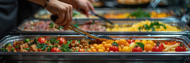 La ligne de buffet de nourriture servie avec des tongs