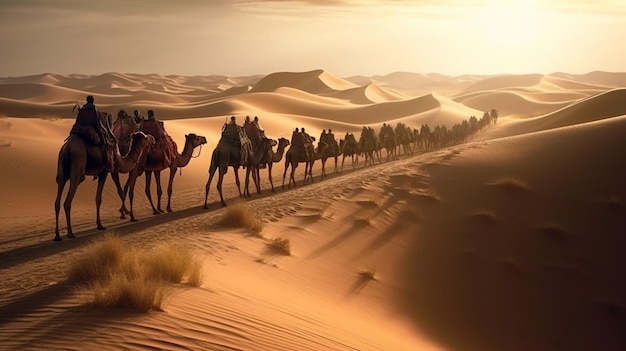 Photo une ligne de chameaux s'affiche sur un désert roadgenerative ai
