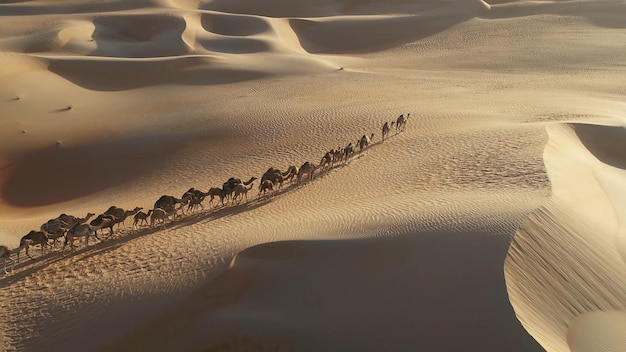 Une Ligne De Chameaux Traversant Une Dune De Sable Dans Le Désert Du Sahara