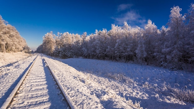 Ligne de chemin de fer gelée en hiver au lever du soleil