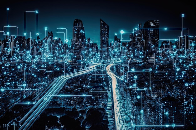 Ligne de circuit numérique de concept technologique sur fond de métropole nocturne bleue