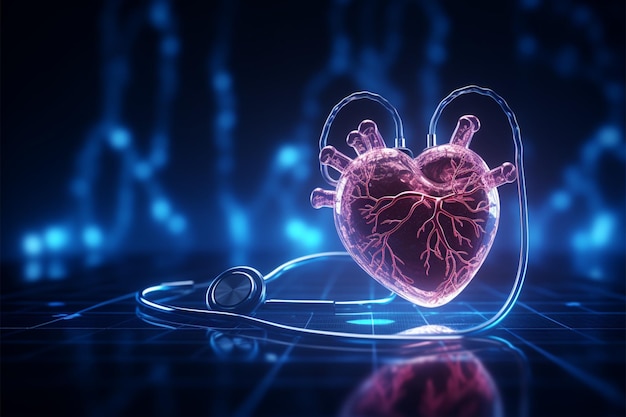 Ligne de coeur et de pouls avec hologramme de soins de santé stéthoscope en low poly
