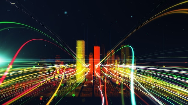 Ligne colorée particule ville connexion réseau futuriste numérique de données. Concept technologique.