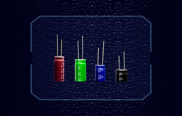 Ligne de condensateur électrolytique ou électrolytique isolée dans le cadre sur fond flou de circuit électronique Concept de pièces électroniques