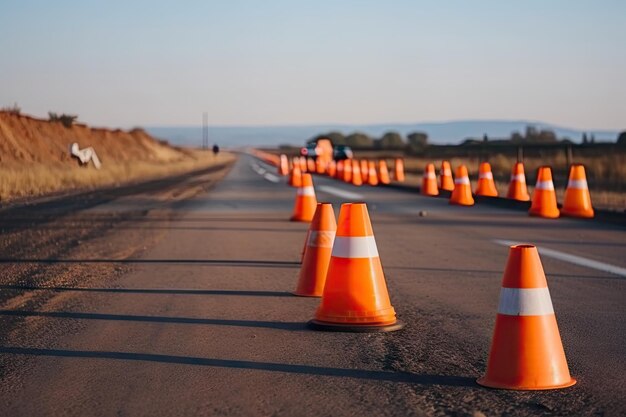 Ligne de cônes de signalisation menant à une route fermée ou à un chantier de construction