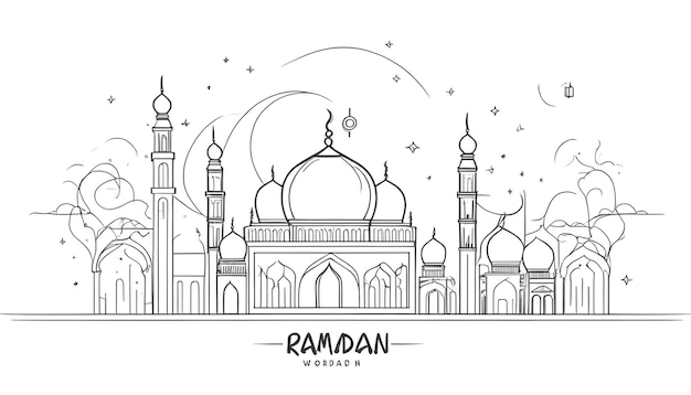 Une ligne continue joyeuse du monde de l'art de Ramadan concept tout en ligne vecteur d'art conception d'illustration