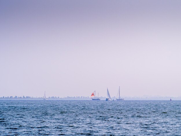 Ligne de côte et plage avec vue sur la mer à Volendam, Pays-Bas, sous ciel bleu