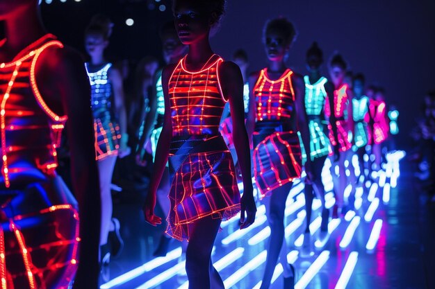 Photo une ligne de danseurs avec des lumières au néon sur eux