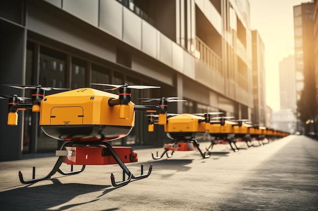 Une ligne de drones jaunes sont alignés devant un bâtiment.