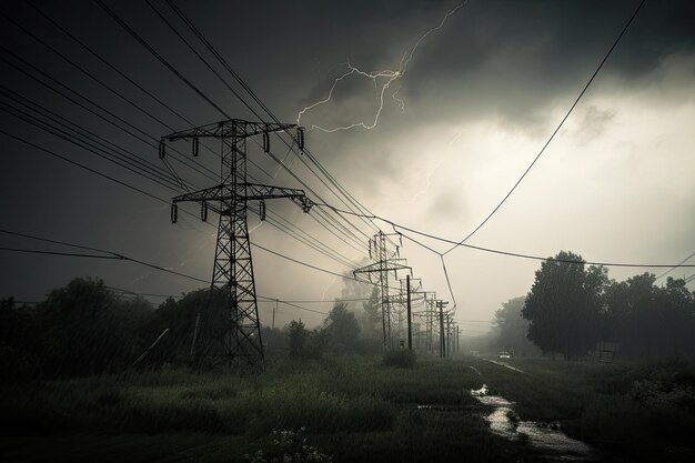 Ligne électrique cassée dans une tempête avec un éclair à proximité