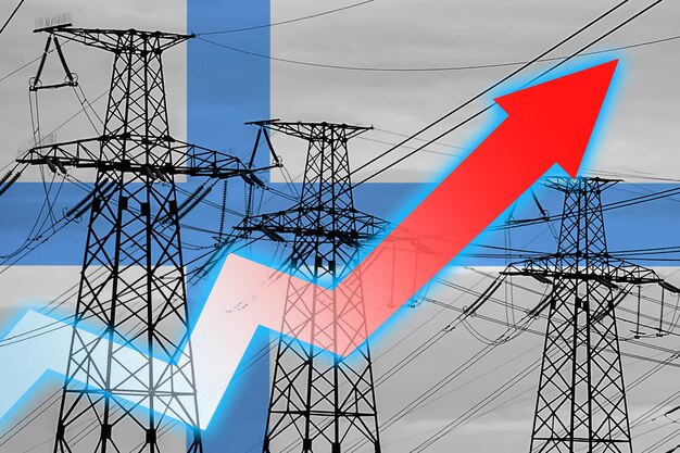 Ligne électrique et drapeau de la Finlande Crise énergétique Concept de crise énergétique mondiale