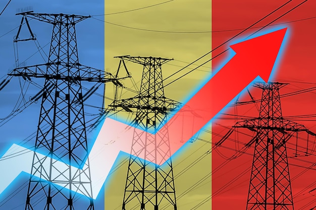 Ligne électrique et drapeau de la Roumanie Crise énergétique Concept de crise énergétique mondiale