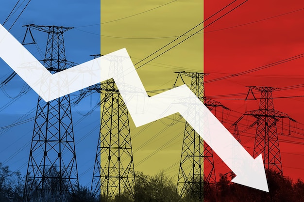 Ligne électrique et drapeau de la Roumanie Crise énergétique Concept de crise énergétique mondiale