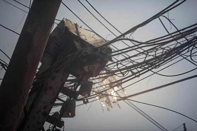 Ligne électrique suspendue et produisant des étincelles avec des fils cassés qui pendent