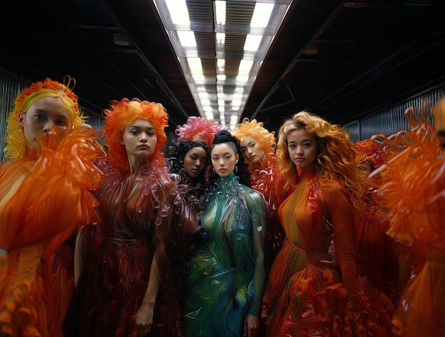 Photo une ligne de femmes avec des robes orange et vertes sur eux