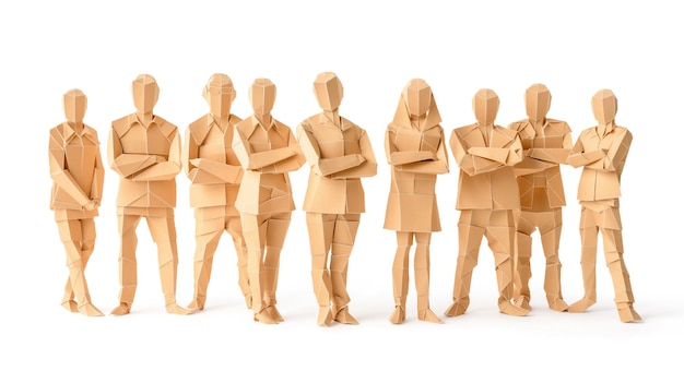 Photo une ligne de figures humaines en origami avec les bras croisés fabriquées à partir de papier brun sur un fond blanc