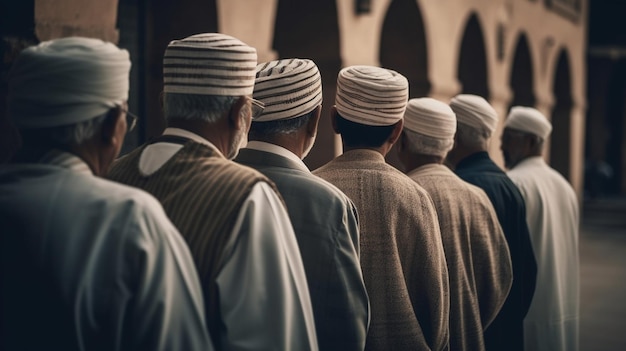 Une ligne d'hommes portant des chapeaux traditionnels fait la queue pour regarder la caméra.