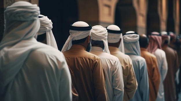 Une ligne d'hommes en tenue arabe traditionnelle se tient en ligne.