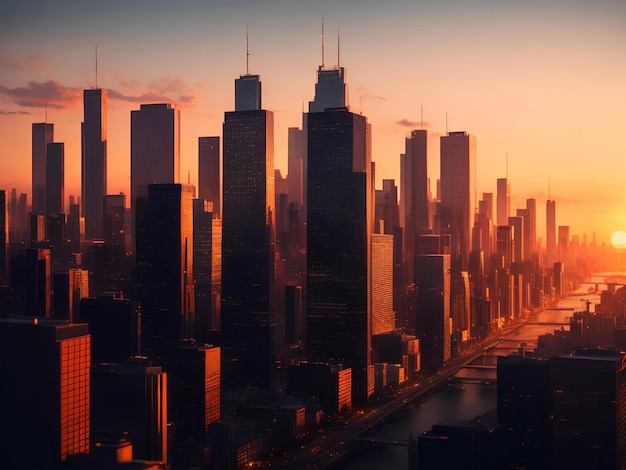 Une ligne d'horizon photoréaliste d'une immense ville au coucher du soleil générée par ai