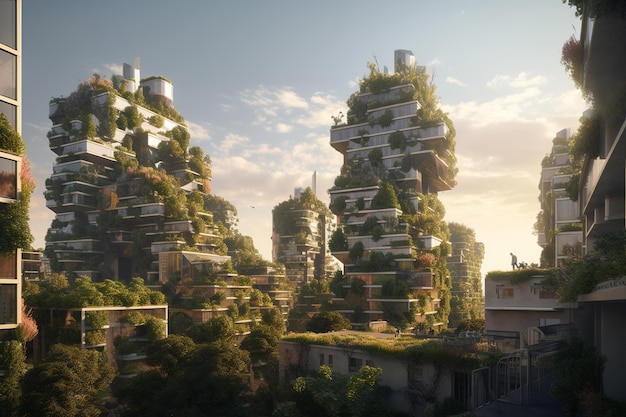 Une ligne d'horizon de la ville avec une végétation imposante intégrée dans les bâtiments aidant à réduire l'effet d'îlot de chaleur urbain et à améliorer la qualité de l'air AI générative