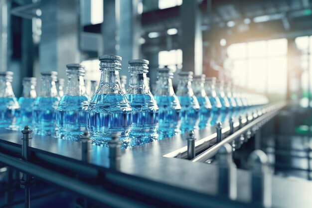 Photo ligne industrielle pour la mise en bouteille d'eau potable dans des bouteilles en verre