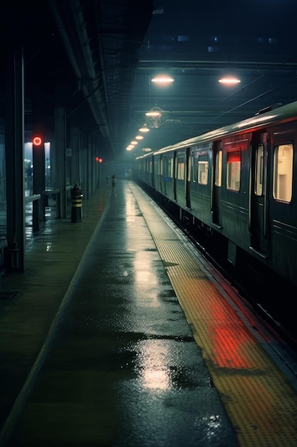 Une ligne jaune sur le quai d'une gare avec un feu rouge sur le quai.