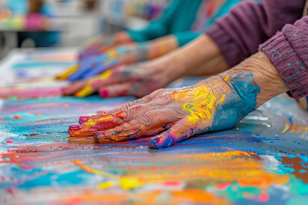 Une ligne de mains couvertes de peintures vives engagées dans une séance d'art-thérapie collaborative générée par l'IA