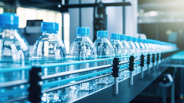 Ligne de mise en bouteille de boissons dans des bouteilles en plastique sur une usine de lumière propre