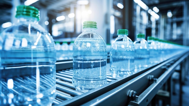 Ligne de mise en bouteille de boissons dans des bouteilles en plastique sur une usine de lumière propre