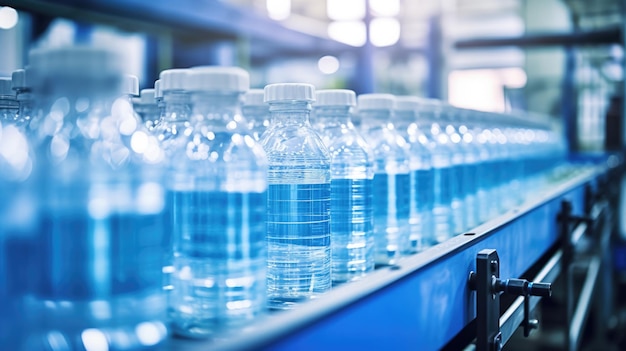 Ligne de mise en bouteille de boissons dans des bouteilles en plastique sur une usine de lumière propre