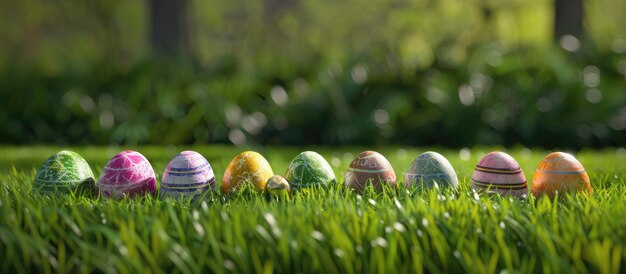 Une ligne d'œufs de Pâques dans un gazon vert luxuriant