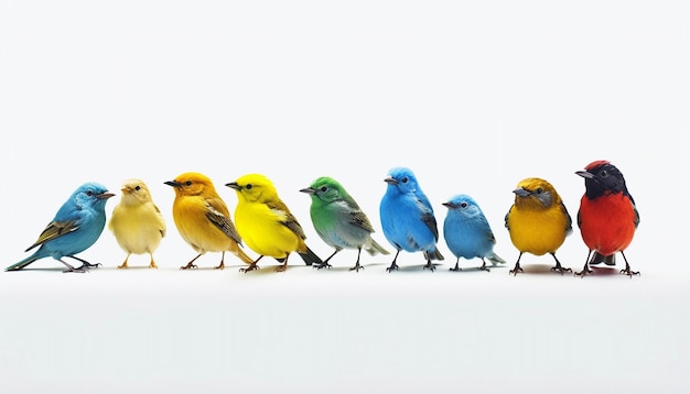 Une ligne d'oiseaux colorés avec un qui dit 'bluebird' dessus