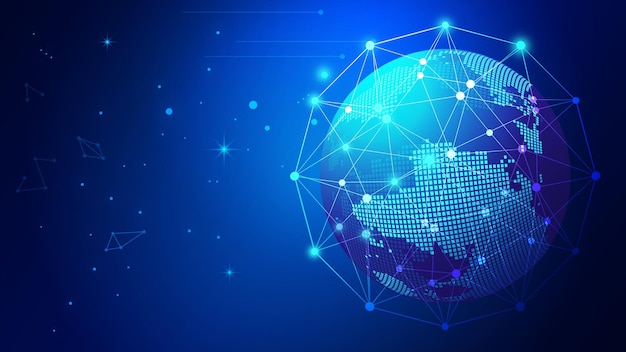 La ligne pointillée et la carte numérique constituent l'arrière-plan de la technologie Internet de l'aube de la terre