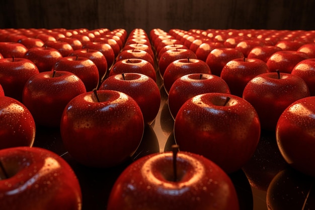 une ligne de pommes rouges avec une rangée de pommes rouge au milieu