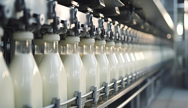 ligne de production de l'industrie laitière avec des bouteilles de lait dans le style beige