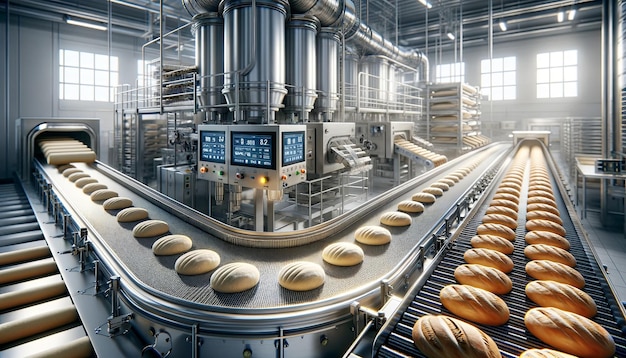 Photo ligne de production industrielle de pain dans une boulangerie moderne