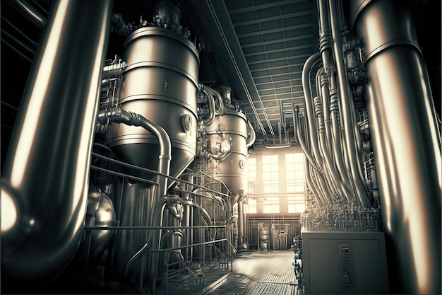 Ligne de production de jus en usine avec de longs tuyaux métalliques